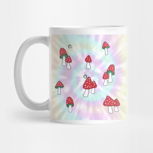 Aesthetic Red Hatted Mushrooms and Butterflies on a Rainbow Pastel Tie Dye Background Mug